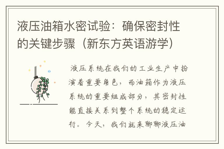 液压油箱水密试验：确保密封性的关键步骤（新东方英语游学）